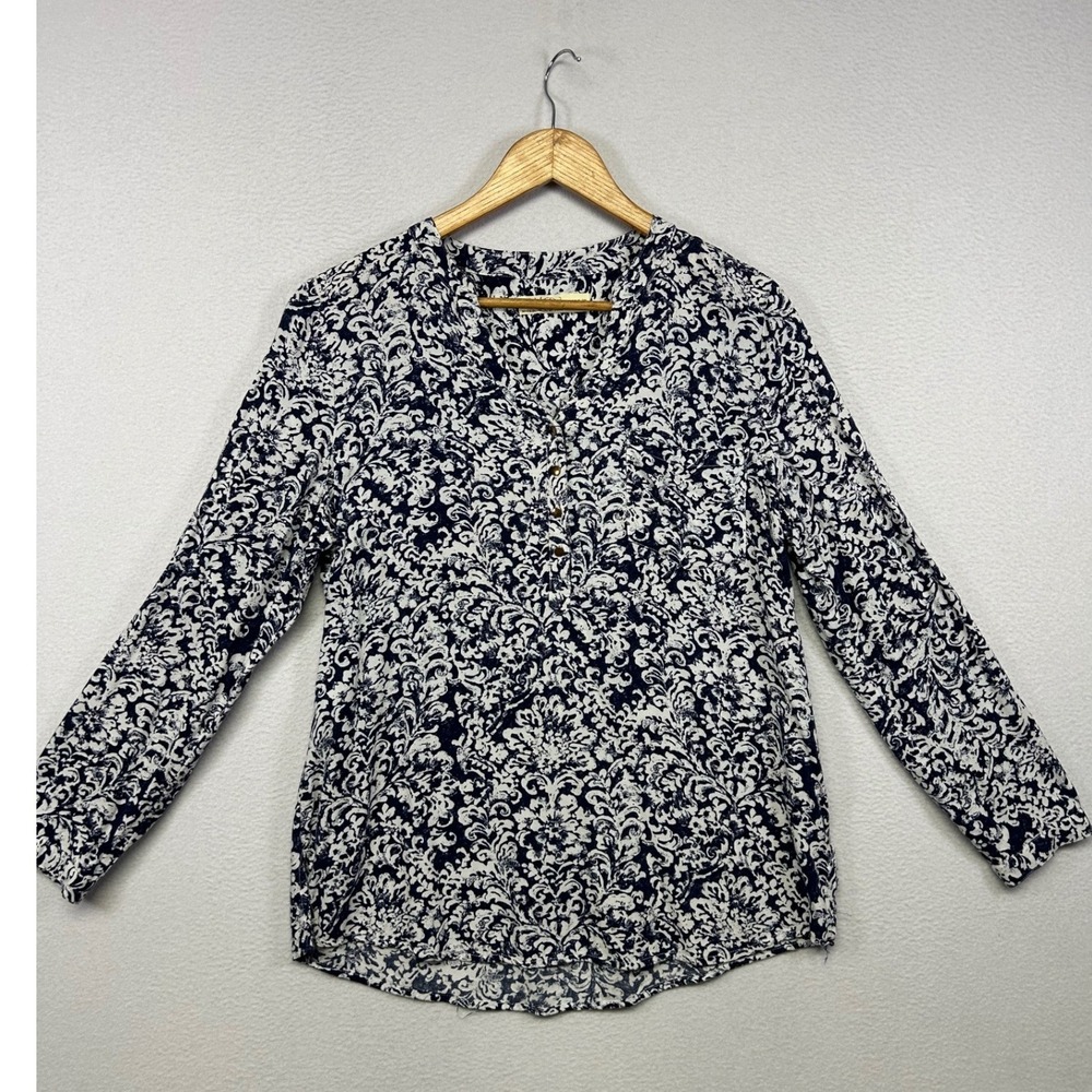 Boho Peasant Faded Glory Womens M 8-10 Blue White Damask Rayon Henley Blouse